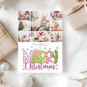 9 Photo Pink Green Bow Tree Merry Christmas Holiday Card