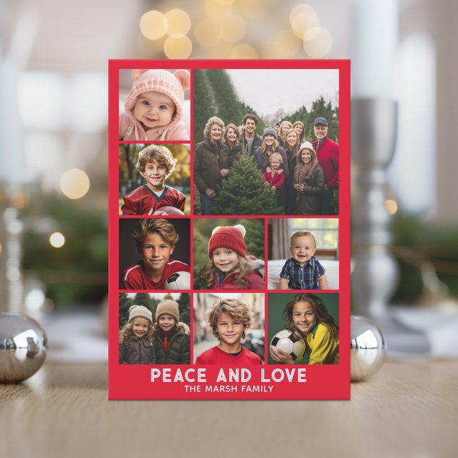 9 Photo Retro Stripe Christmas Red Peace and Love Holiday Card (9 Photo Collage with Retro Stripes - Online Christmas Card - Print and Download Options)