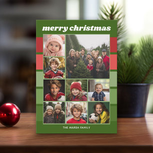 9 Photo Retro Stripes - Red Green Funky Holiday Card