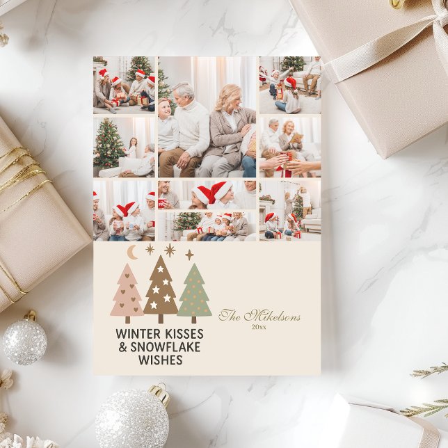 9 Photo Retro Winter Kisses & Snowflake Wishes Holiday Card (Creator Uploaded)