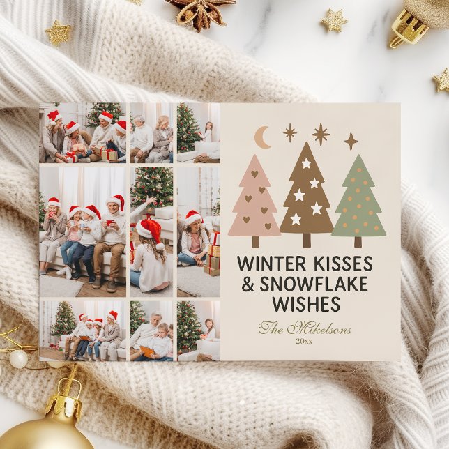 9 Photo Retro Winter Kisses & Snowflake Wishes Holiday Card (Creator Uploaded)