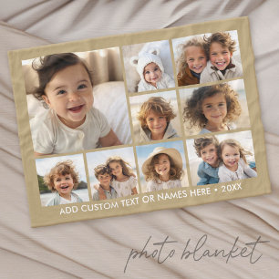 9 Photo Square Collage - neutral with white text Fleece Blanket