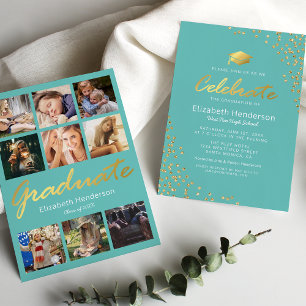 9 Photo Teal Gold 2026 Graduation Party Invitation