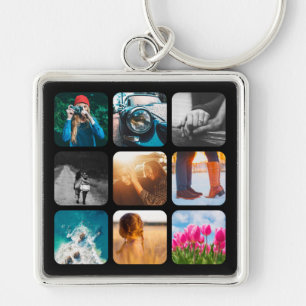 9 Photo Template Grid Rounded Black Frame Key Ring