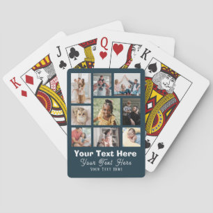 9 Photos Family with Script Text Navy Blue Playing Cards