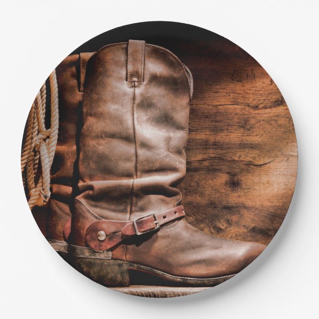 9" Round Paper Plate Cowboy Boots Barn Wood Rustic (Front)