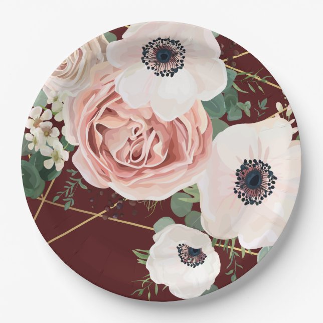 9" Round Paper Plate Geometric Garden Rose Wine (Front)
