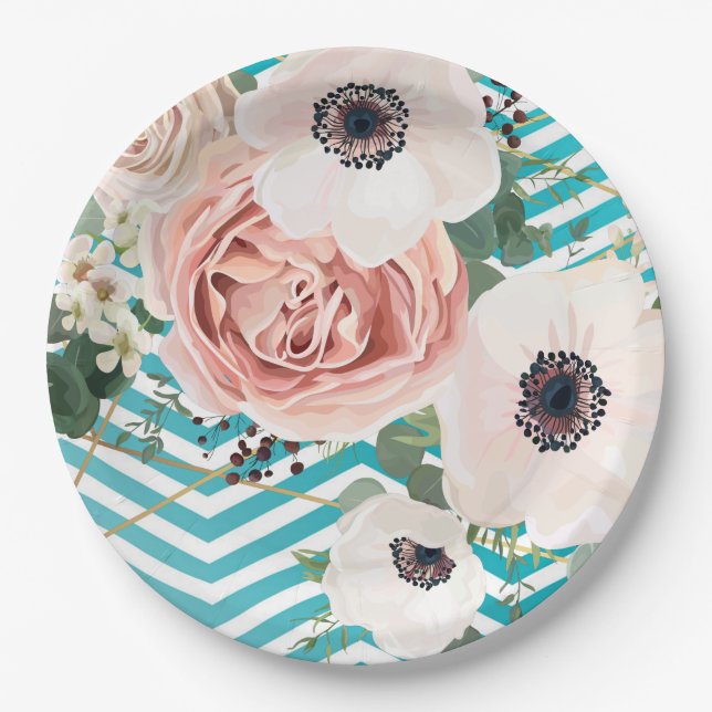 9" Round Paper Plate Geometric Rose Chevron Teal (Front)