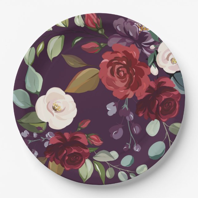 9" Round Paper Plate Plum Purple Roses Gold Geomet (Front)