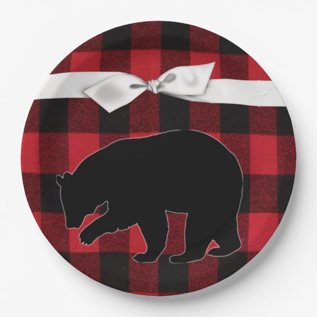 9" Round Paper Plate Red Buffalo Plaid Bear Black (Front)