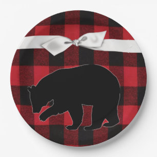 9" Round Paper Plate Red Plaid Black Bear
