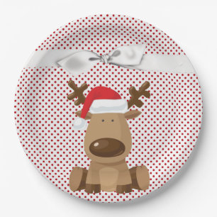 9" Round Paper Plate Reindeer Christmas XMAS Polka