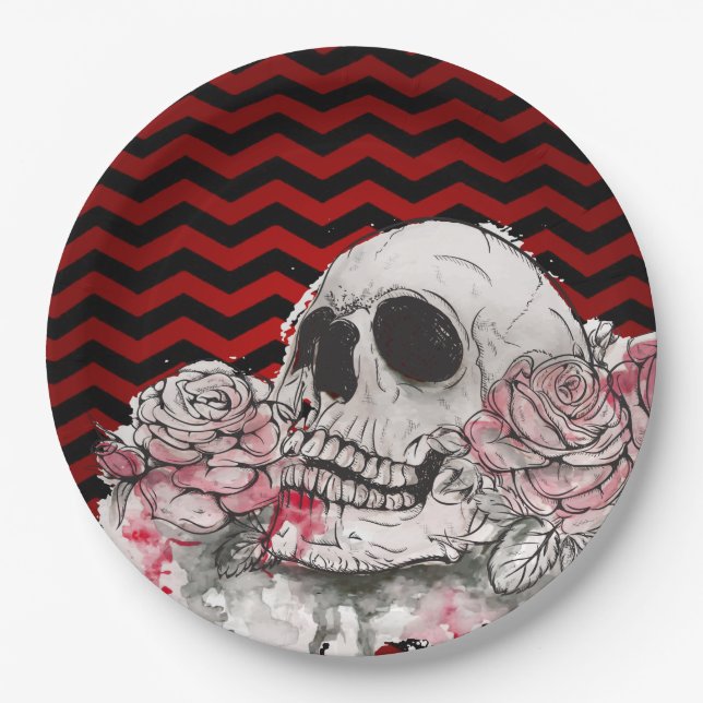 9" Round Paper Plate skull Rose Gothic Chevron red (Front)
