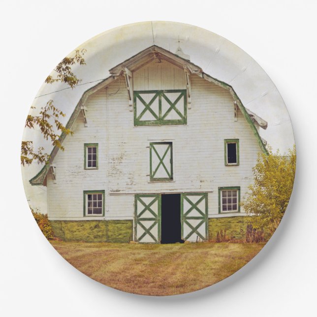 9" Round Paper Plate Sunset Barn Country Rustic Fi (Front)
