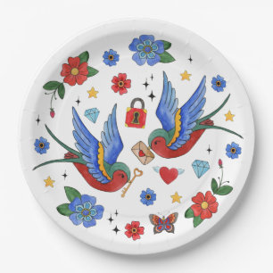 9" Round Paper Plate Traditional Bird Tattoo Sparr