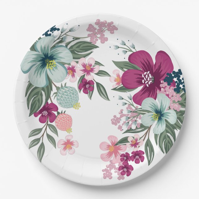 9" Round Paper Plate Tropical Flower on White (Front)