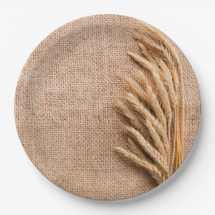 9" Round Paper Plate Wheat on Burlap Sack Country