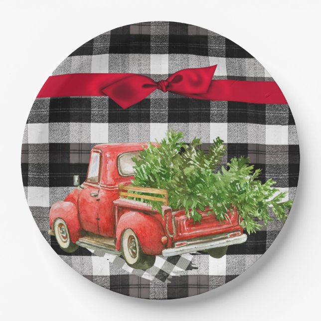 9" Round Paper Plate XMAS Truck Buffalo Plaid Blac (Front)