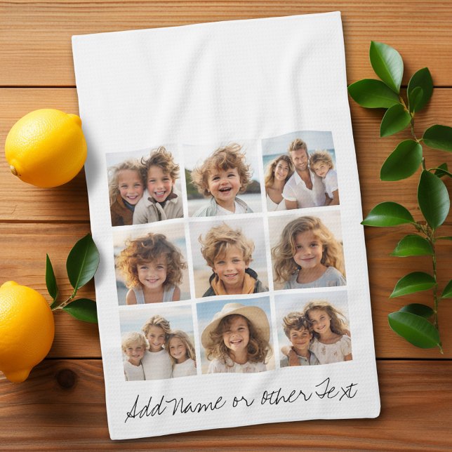 9 Square Photo Collage - Black and White Tea Towel (Personalized Kitchen Towel with photos and text - Makes a great gift)