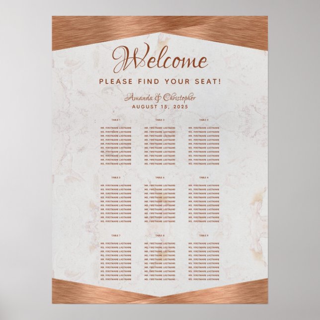 9 Table Copper Wedding Seating Chart Marble Metal (Front)