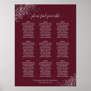 9 Table Lacy Silver Wedding Seating Chart Burgundy