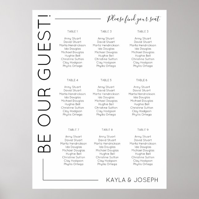 9 table Minimalist Wedding seating chart template (Front)
