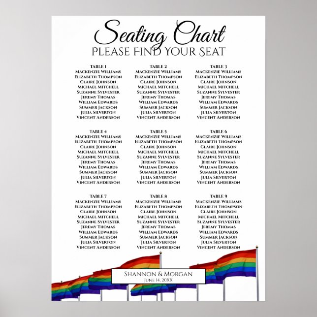 9 Table Rainbow Gay Pride Wedding Seating chart (Front)