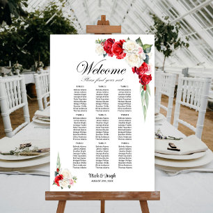 9 Table Red White Rose Floral Seating Chart