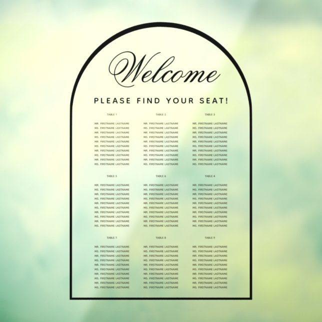 9 Table Seating Chart - Transparent Modern Arch Window Cling (Sheet 3)