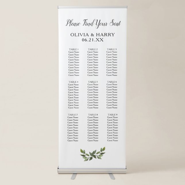 9 Table Stylish Greenery Wedding Seat Chart Banner (Front)