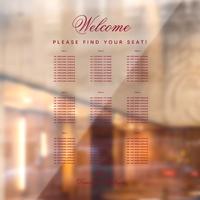 9 Table Transparent Burgundy Wedding Seating Chart Window Cling (Sheet 2)