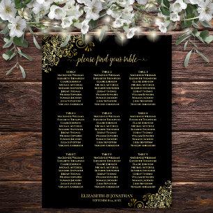 9 Table Wedding Seating Chart Black w/ Gold Frills