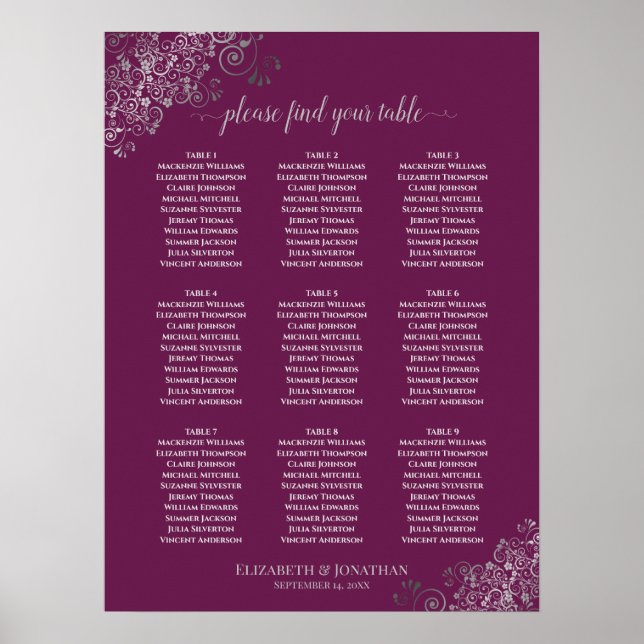 9 Table Wedding Seating Chart Cassis & Silver (Front)
