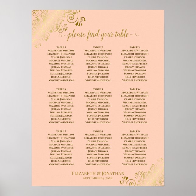 9 Table Wedding Seating Chart Coral Peach & Gold (Front)