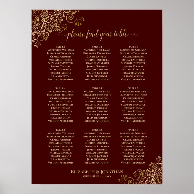 9 Table Wedding Seating Chart Gold Lace on Auburn (Front)