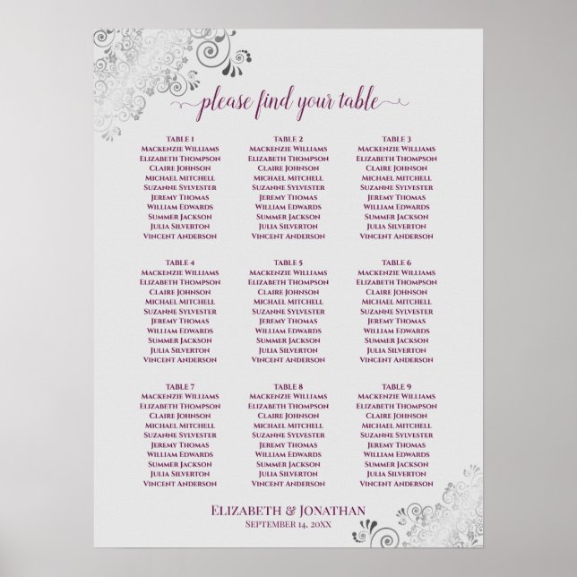 9 Table Wedding Seating Chart Magenta Plum & Gray (Front)