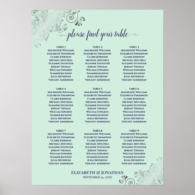 9 Table Wedding Seating Chart Mint Green & Navy (Front)