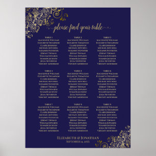 9 Table Wedding Seating Chart Navy Blue Lacy Gold