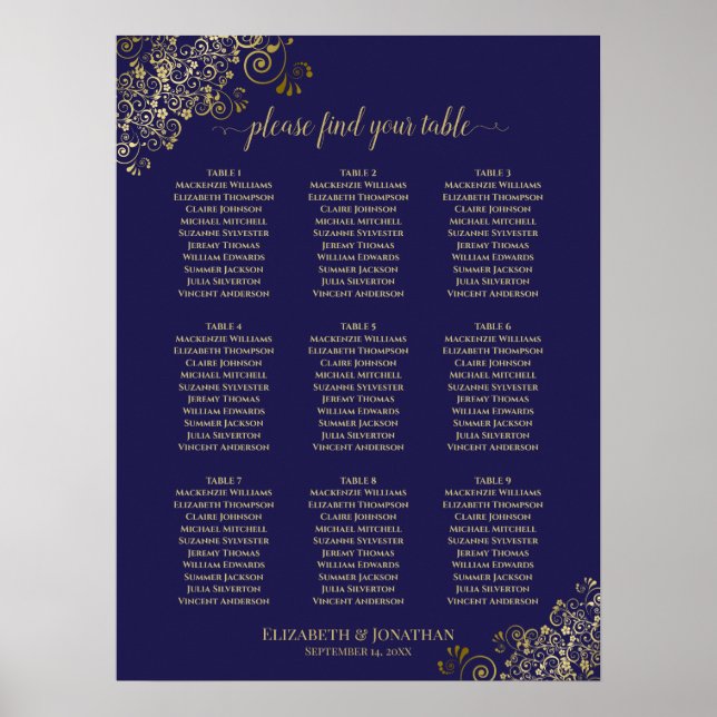 9 Table Wedding Seating Chart Navy Blue Lacy Gold (Front)