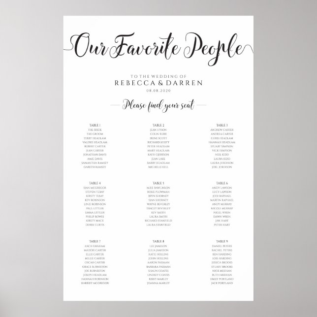 9 Table Wedding Seating Chart Our Favourite People (Front)