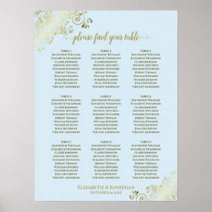 9 Table Wedding Seating Chart Powder Blue & Gold