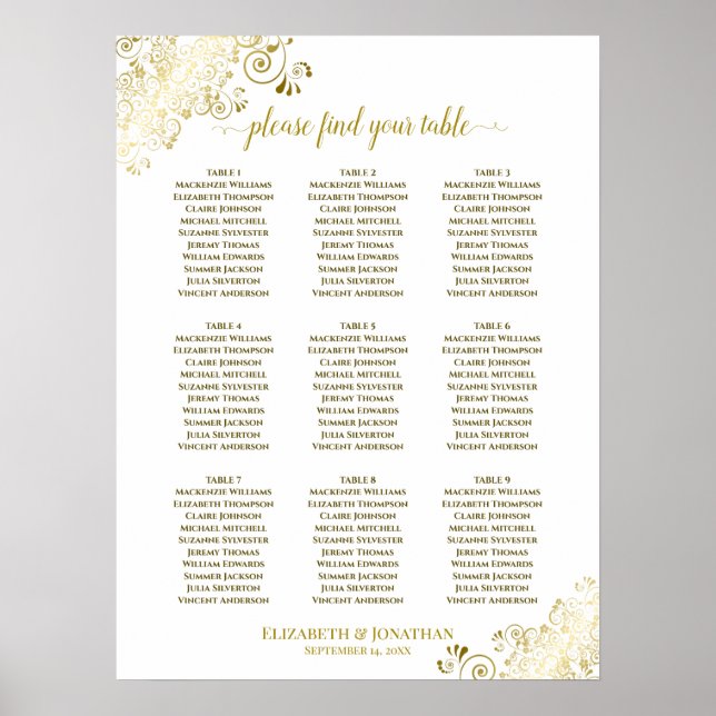 9 Table Wedding Seating Chart White w/ Gold Frills (Front)