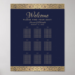 9 Tables Navy Blue Wedding Seating Chart Gold Rose