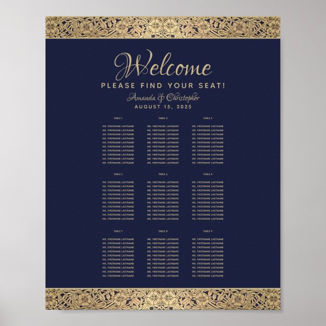 9 Tables Navy Blue Wedding Seating Chart Gold Rose (Front)