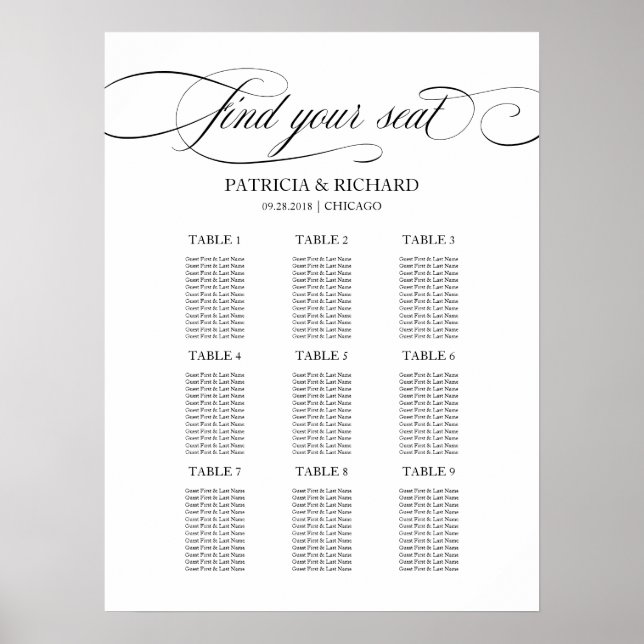 9 Tables Wedding Seating Chart Black Script (Front)