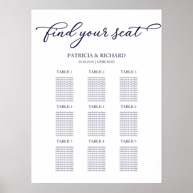 9 Tables Wedding Seating Chart Chic Navy Blue (Front)