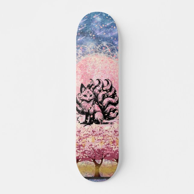 9 Tail Fox Asiatic Pink Cherry Blossom Skateboard (Front)
