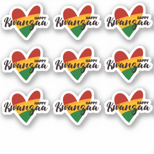 9 x Happy Kwanzaa Red Yellow Green Striped Hearts (Front)