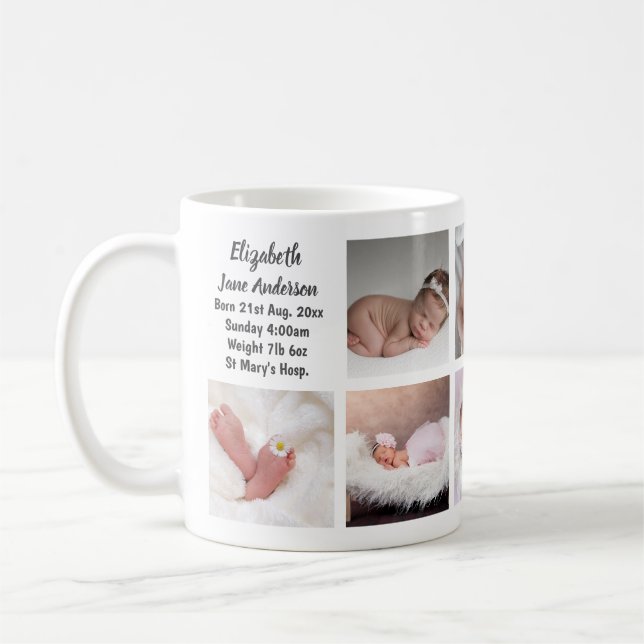 9 x Photo Collage Newborn Baby Birth Stats New Mom Coffee Mug (Left)