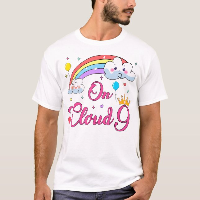 9 Year Old Birthday Decorations Rainbow On Cloud N T-Shirt (Front)